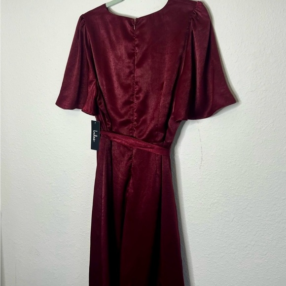 NWT Lulus Burgundy Satin Faux-Wrap Midi Dress - Picture 6 of 10